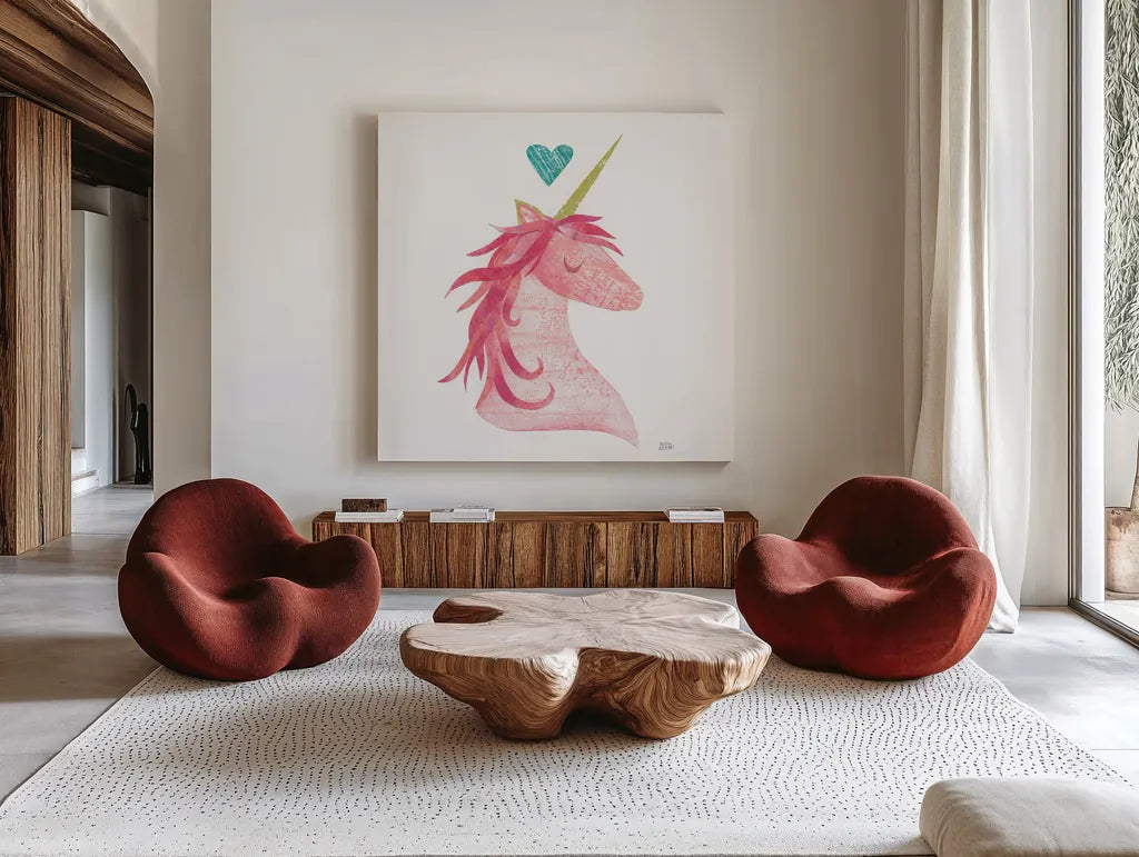 Unicorn Magic I Heart Sq by Melissa Averinos. Shown as extra-large giant wall art in a modern living room. Available as an archival giclee rolled canvas, fine art paper, or poster print. SKU 35450a.