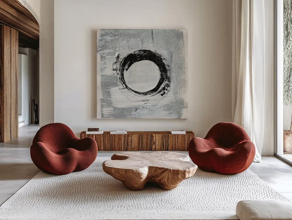 Zen Circle I Crop by Melissa Averinos. Shown as extra-large giant wall art in a modern living room. Available as an archival giclee rolled canvas, fine art paper, or poster print. SKU 29695a.