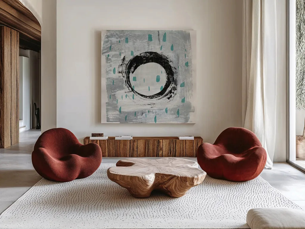 Zen Circle I Crop with Teal by Melissa Averinos. Shown as extra-large giant wall art in a modern living room. Available as an archival giclee rolled canvas, fine art paper, or poster print. SKU 30931a.