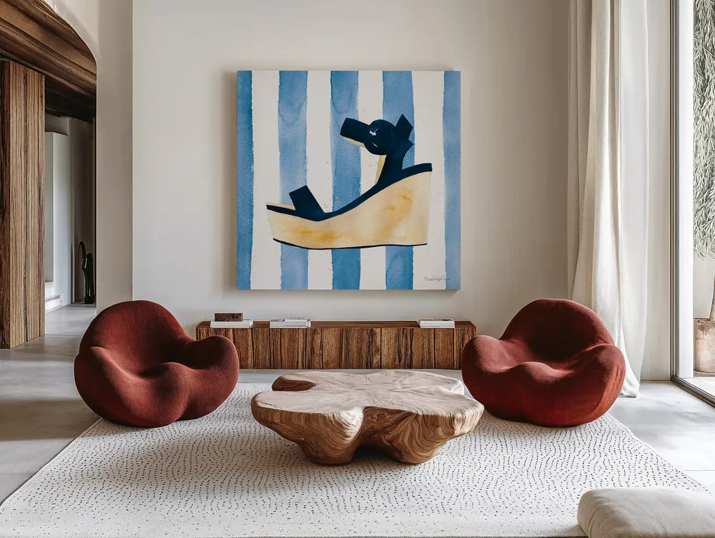 Beach Glam VII v2 Navy on Stripes by Mercedes Lopez Charro. Shown as extra-large giant wall art in a modern living room. Available as an archival giclee rolled canvas, fine art paper, or poster print. SKU 71996a.