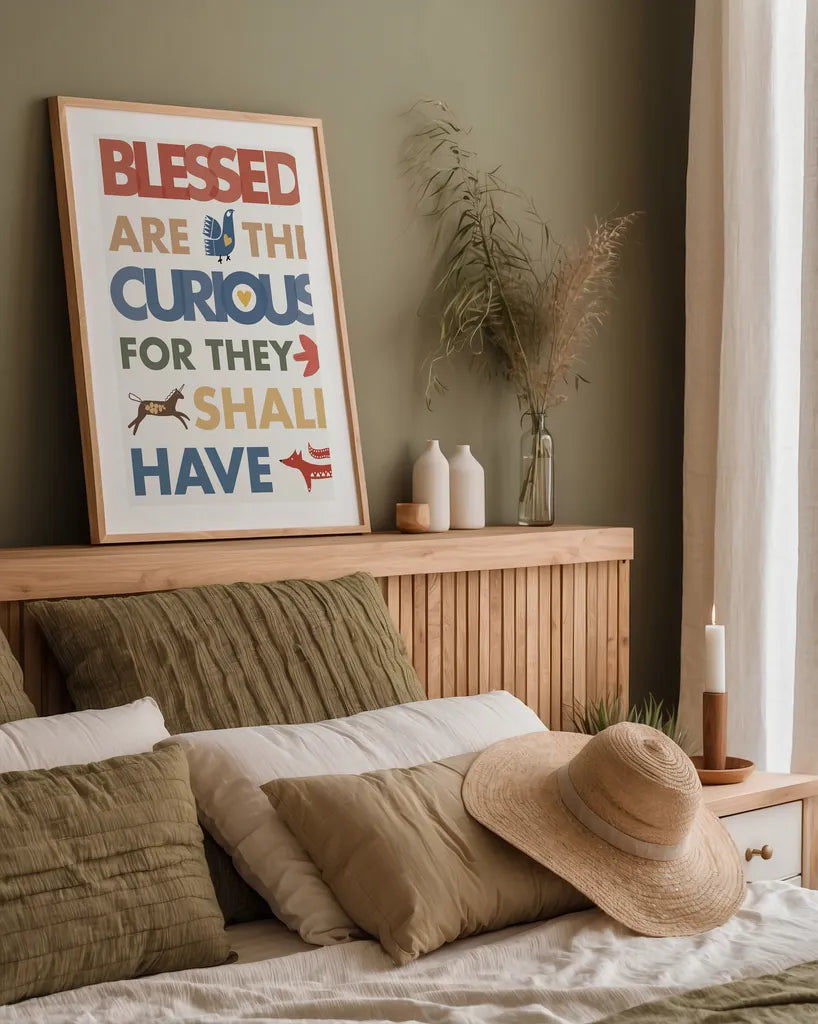 Blessed are the Curious by Mercedes Lopez Charro. shown as a paper print in a natural frame. Available as a archival giclee rolled canvas, fine art paper, or poster print. SKU 77123h.