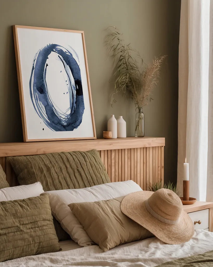 Bold Blue III Dark by Mercedes Lopez Charro. shown as a paper print in a natural frame. Available as a archival giclee rolled canvas, fine art paper, or poster print. SKU 90112h.