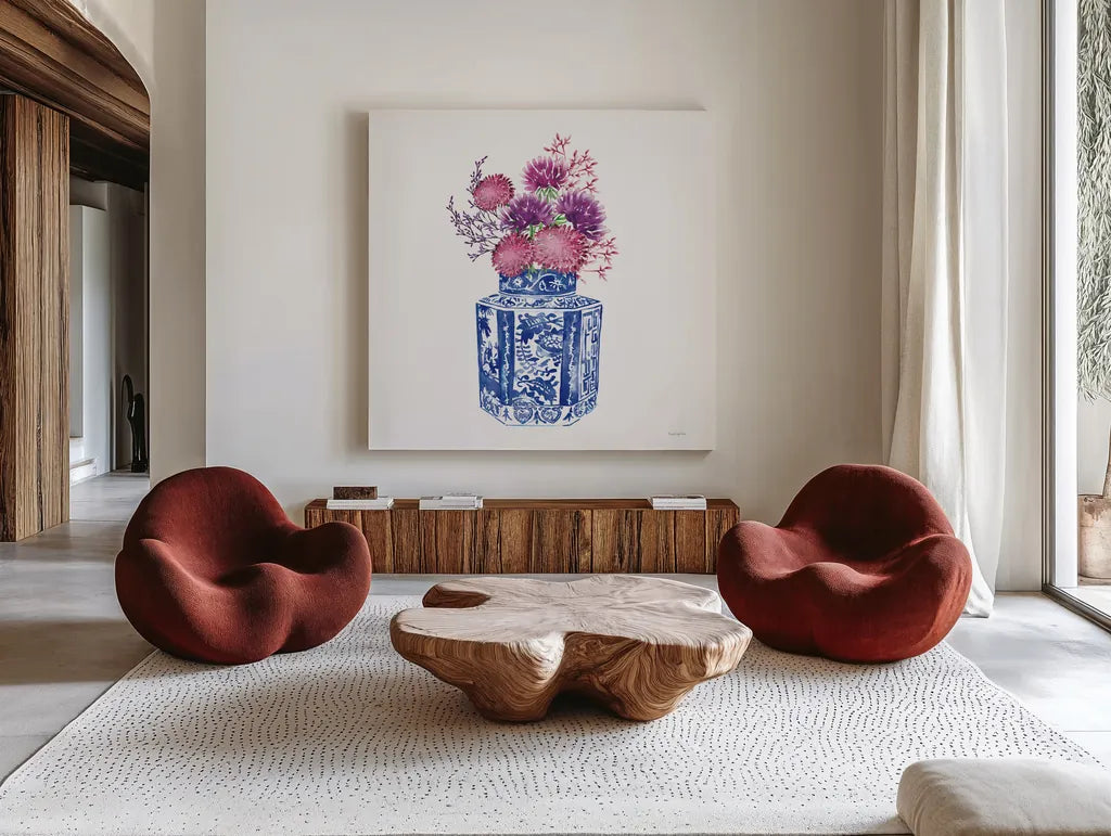Chinoiserie Style III by Mercedes Lopez Charro. Shown as extra-large giant wall art in a modern living room. Available as an archival giclee rolled canvas, fine art paper, or poster print. SKU 64615a.