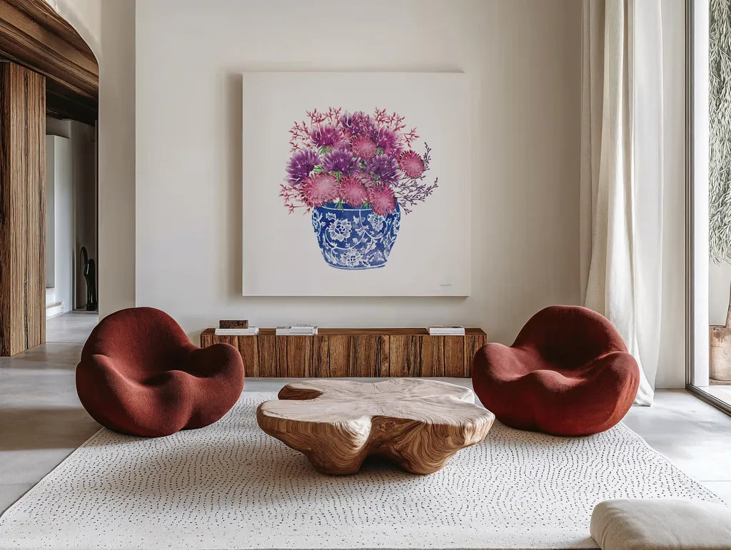 Chinoiserie Style IV by Mercedes Lopez Charro. Shown as extra-large giant wall art in a modern living room. Available as an archival giclee rolled canvas, fine art paper, or poster print. SKU 64616a.