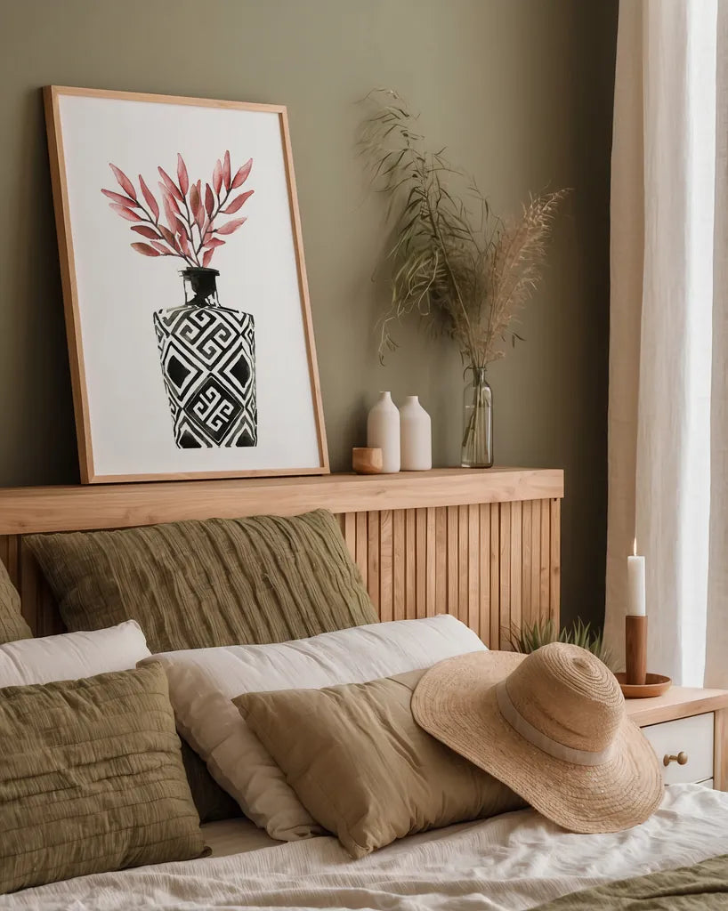 Geometric Vases III by Mercedes Lopez Charro. shown as a paper print in a natural frame. Available as a archival giclee rolled canvas, fine art paper, or poster print. SKU 64164h.