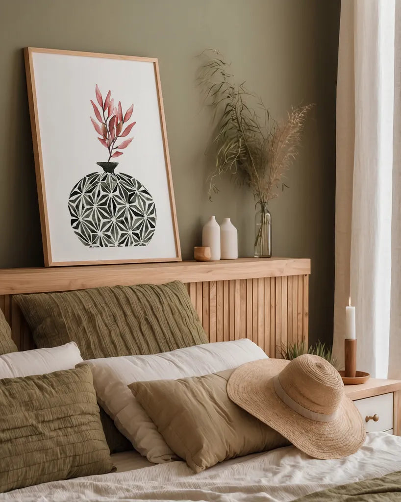 Geometric Vases IV by Mercedes Lopez Charro. shown as a paper print in a natural frame. Available as a archival giclee rolled canvas, fine art paper, or poster print. SKU 64165h.