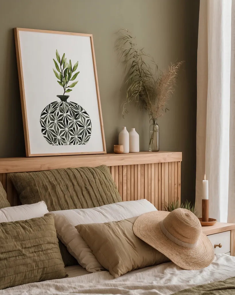 Geometric Vases IV Green by Mercedes Lopez Charro. shown as a paper print in a natural frame. Available as a archival giclee rolled canvas, fine art paper, or poster print. SKU 65926h.