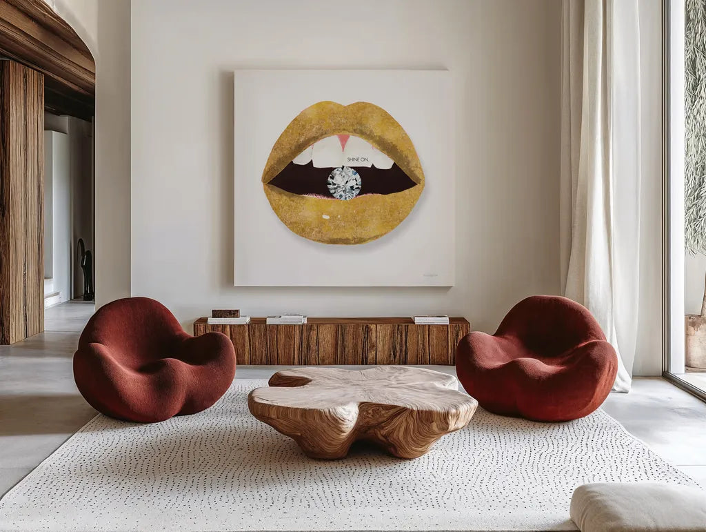 Gold Lips II by Mercedes Lopez Charro. Shown as extra-large giant wall art in a modern living room. Available as an archival giclee rolled canvas, fine art paper, or poster print. SKU 67091a.