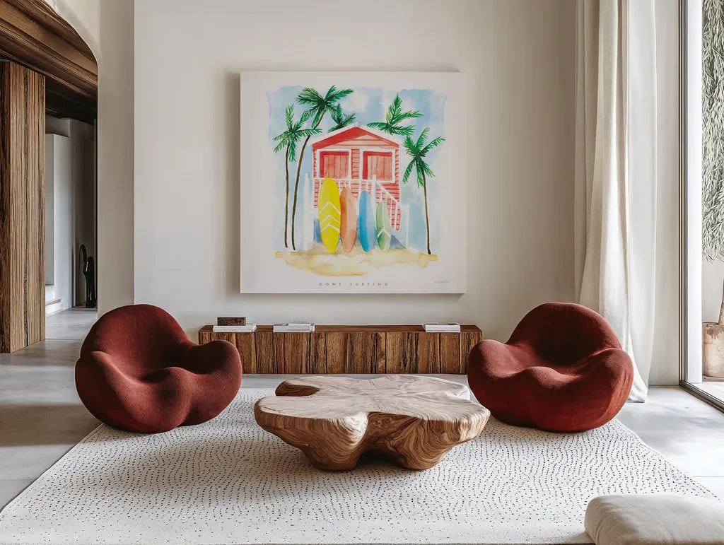 Gone Surfing Red by Mercedes Lopez Charro. Shown as extra-large giant wall art in a modern living room. Available as an archival giclee rolled canvas, fine art paper, or poster print. SKU 70265a.