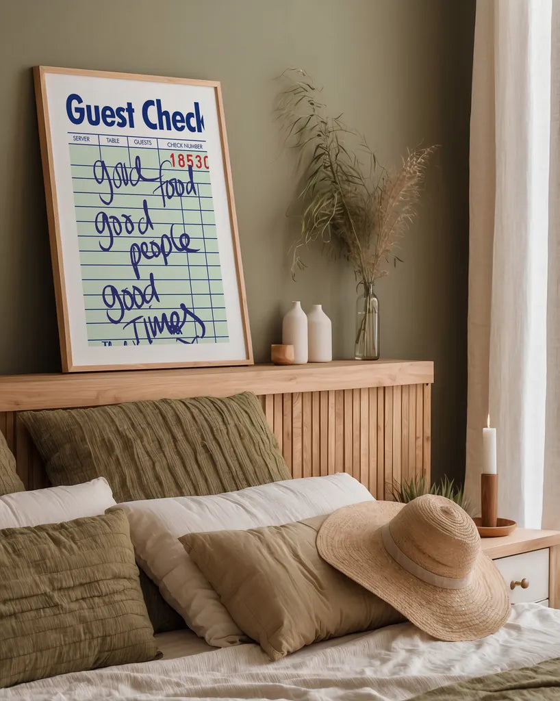 Guest Check I Green by Mercedes Lopez Charro. shown as a paper print in a natural frame. Available as a archival giclee rolled canvas, fine art paper, or poster print. SKU 86934h.