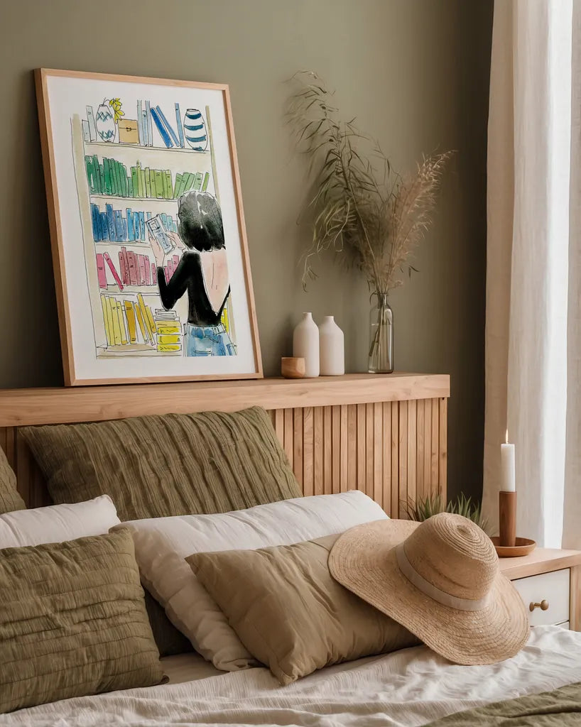 Home Library II by Mercedes Lopez Charro. shown as a paper print in a natural frame. Available as a archival giclee rolled canvas, fine art paper, or poster print. SKU 98647h.