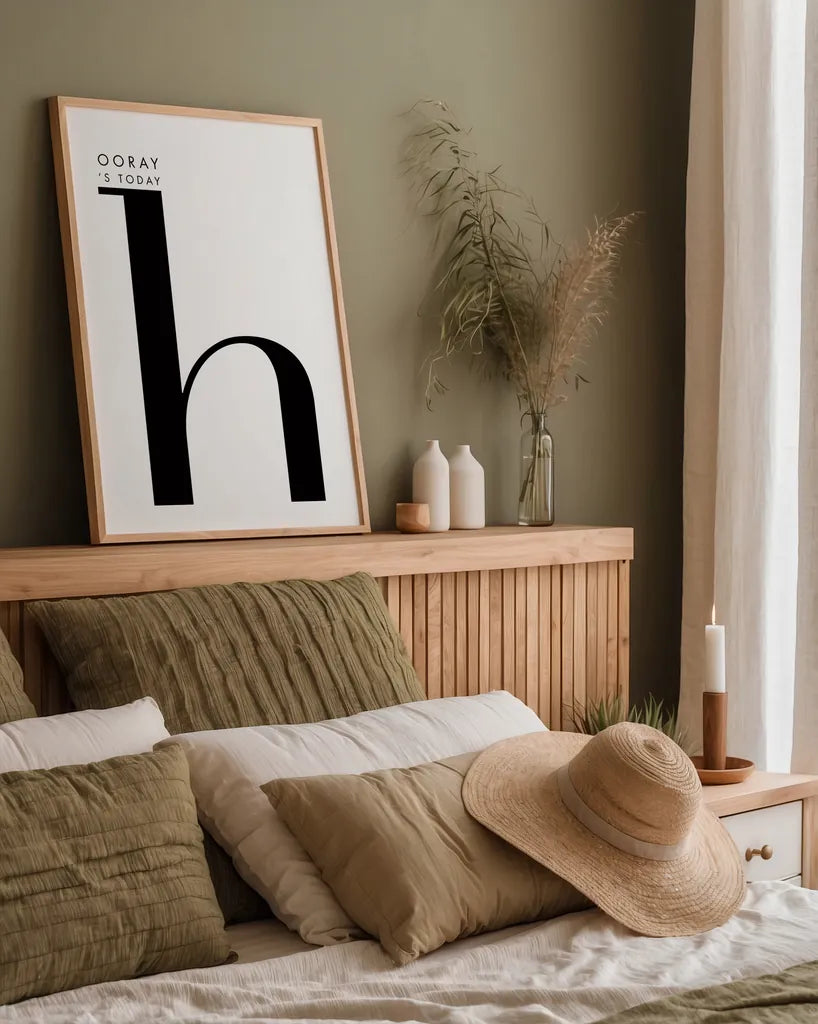 Hooray for H on White by Mercedes Lopez Charro. shown as a paper print in a natural frame. Available as a archival giclee rolled canvas, fine art paper, or poster print. SKU 64149h.