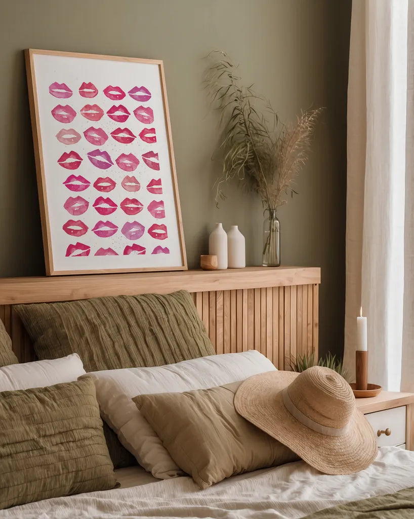 Kiss Me Quick No Words Pink by Mercedes Lopez Charro. shown as a paper print in a natural frame. Available as a archival giclee rolled canvas, fine art paper, or poster print. SKU 82824h.