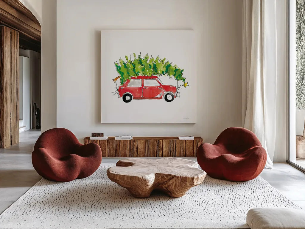 Little Red Holiday Car I by Mercedes Lopez Charro. Shown as extra-large giant wall art in a modern living room. Available as an archival giclee rolled canvas, fine art paper, or poster print. SKU 67974a.