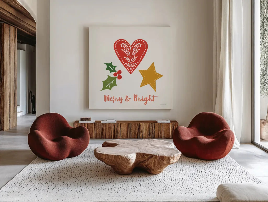 Merry Everything II Script by Mercedes Lopez Charro. Shown as extra-large giant wall art in a modern living room. Available as an archival giclee rolled canvas, fine art paper, or poster print. SKU 79962a.