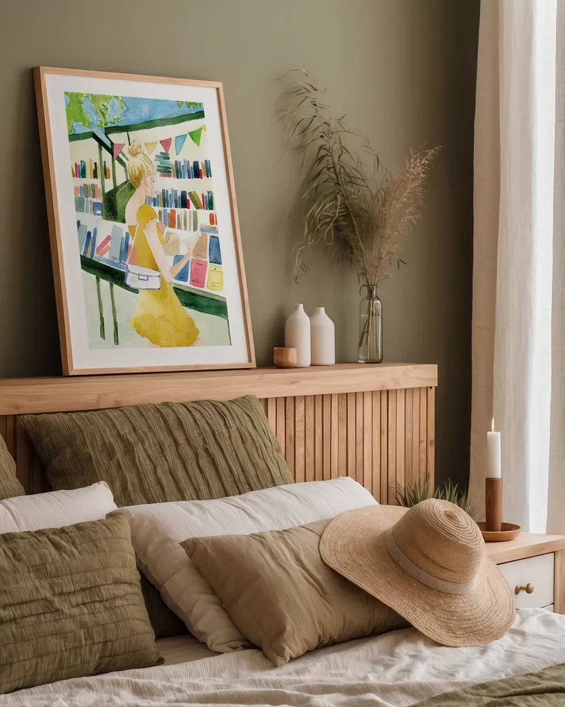 Never Enough Books I by Mercedes Lopez Charro. shown as a paper print in a natural frame. Available as a archival giclee rolled canvas, fine art paper, or poster print. SKU 98644h.