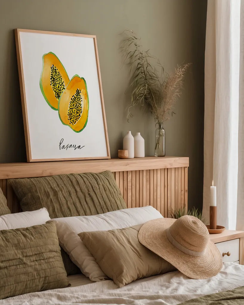 Papayas by Mercedes Lopez Charro. shown as a paper print in a natural frame. Available as a archival giclee rolled canvas, fine art paper, or poster print. SKU 67133h.