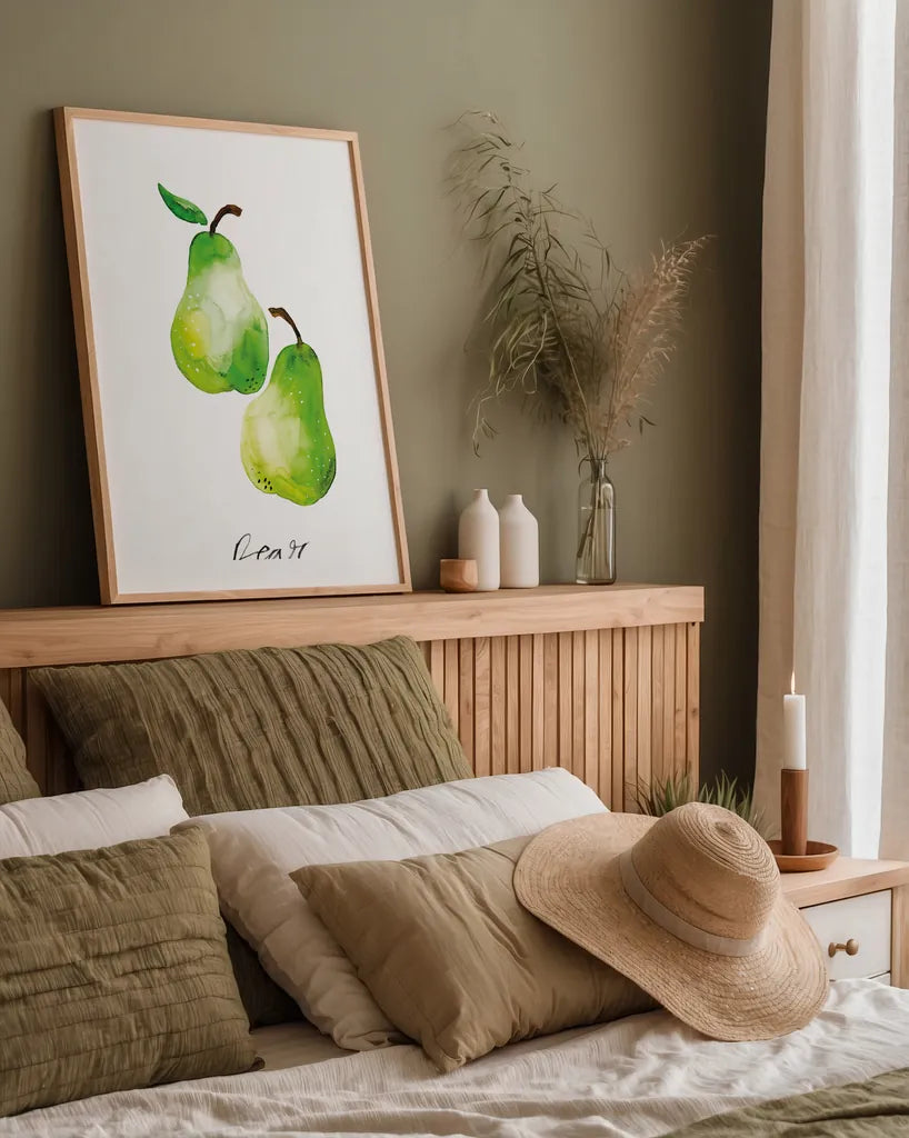 Pears by Mercedes Lopez Charro. shown as a paper print in a natural frame. Available as a archival giclee rolled canvas, fine art paper, or poster print. SKU 67137h.
