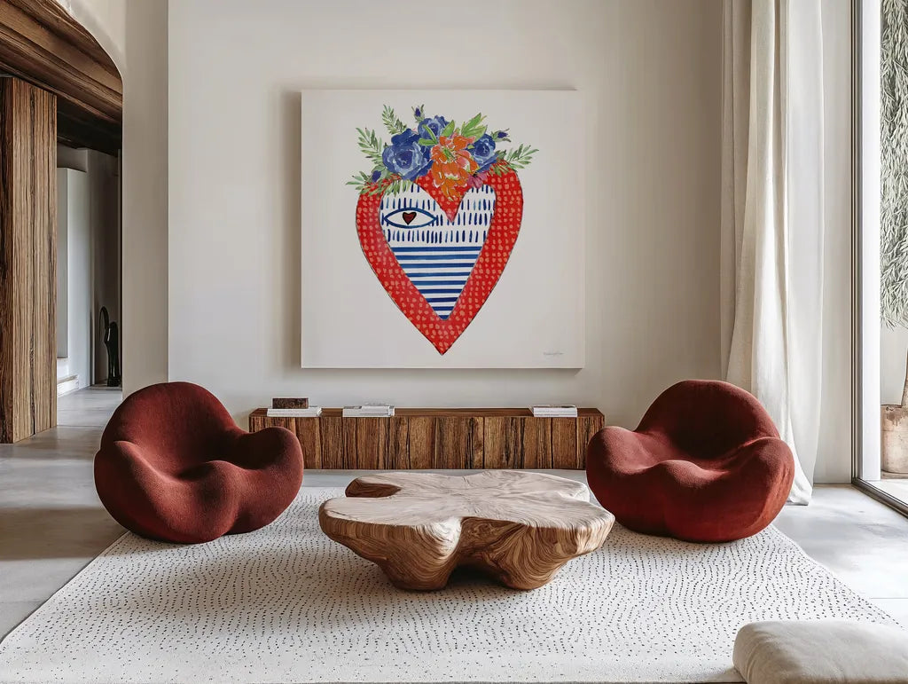 Sacred Heart III by Mercedes Lopez Charro. Shown as extra-large giant wall art in a modern living room. Available as an archival giclee rolled canvas, fine art paper, or poster print. SKU 82859a.