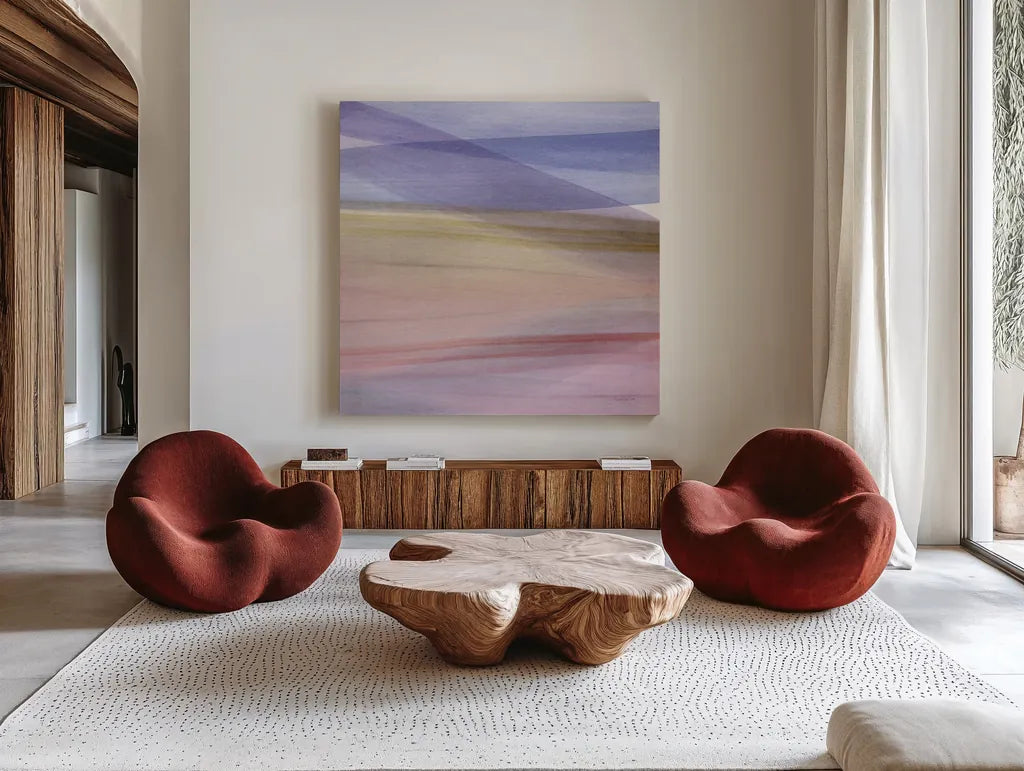 Soft Summer VI by Mercedes Lopez Charro. Shown as extra-large giant wall art in a modern living room. Available as an archival giclee rolled canvas, fine art paper, or poster print. SKU 66367a.