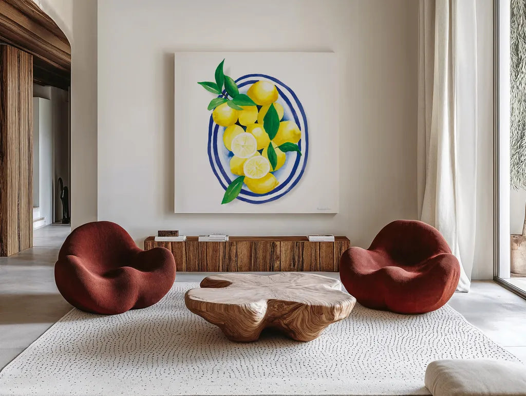 Spanish Lemons I by Mercedes Lopez Charro. Shown as extra-large giant wall art in a modern living room. Available as an archival giclee rolled canvas, fine art paper, or poster print. SKU 66360a.