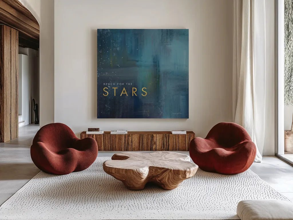 Stars Gold by Mercedes Lopez Charro. Shown as extra-large giant wall art in a modern living room. Available as an archival giclee rolled canvas, fine art paper, or poster print. SKU 74524a.