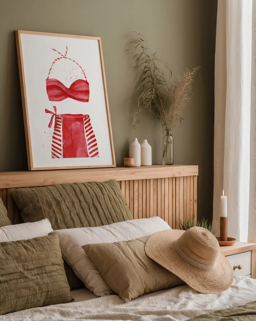 Vintage Swimwear II by Mercedes Lopez Charro. shown as a paper print in a natural frame. Available as a archival giclee rolled canvas, fine art paper, or poster print. SKU 66615h.