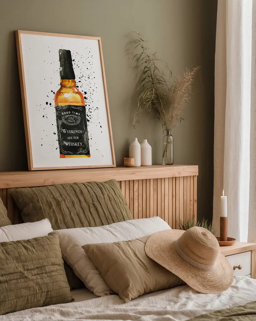 Weekends Are For Whiskey by Mercedes Lopez Charro. shown as a paper print in a natural frame. Available as a archival giclee rolled canvas, fine art paper, or poster print. SKU 66449h.