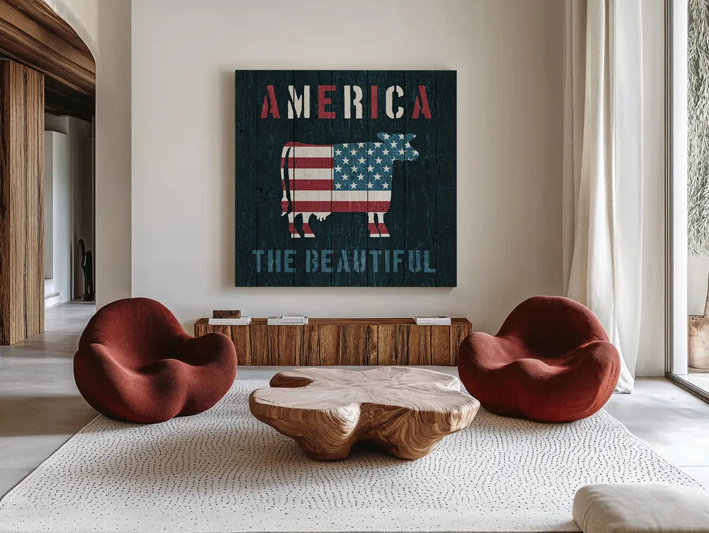 American Farm Cow by Michael Mullan. Shown as extra-large giant wall art in a modern living room. Available as an archival giclee rolled canvas, fine art paper, or poster print. SKU 17541a.