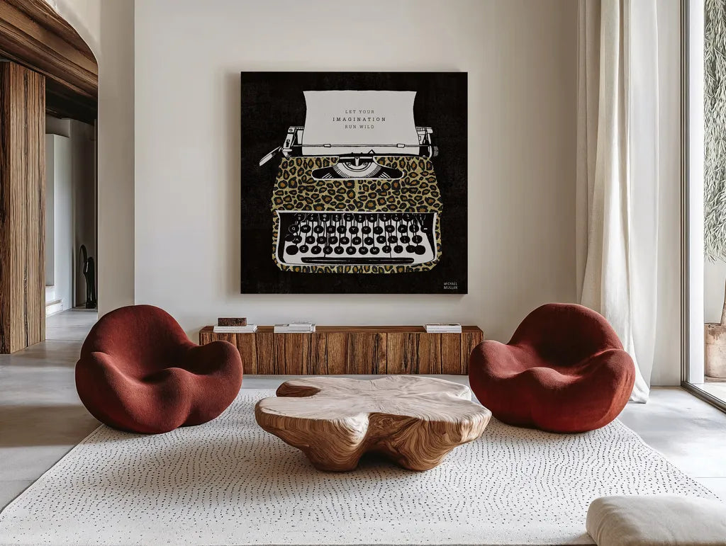 Analog Jungle Typewriter by Michael Mullan. Shown as extra-large giant wall art in a modern living room. Available as an archival giclee rolled canvas, fine art paper, or poster print. SKU 12375a.