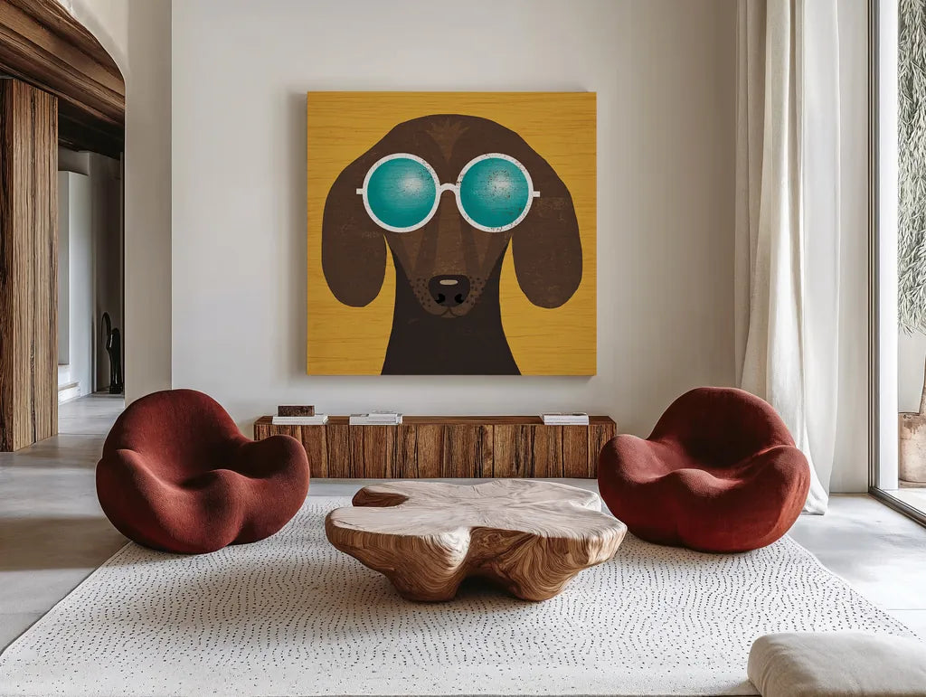 Beach Bums Dachshund I by Michael Mullan. Shown as extra-large giant wall art in a modern living room. Available as an archival giclee rolled canvas, fine art paper, or poster print. SKU 23289a.
