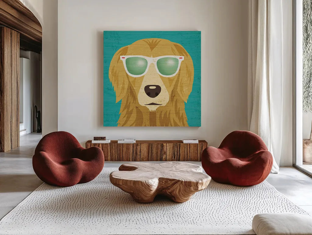 Beach Bums Golden I by Michael Mullan. Shown as extra-large giant wall art in a modern living room. Available as an archival giclee rolled canvas, fine art paper, or poster print. SKU 23284a.