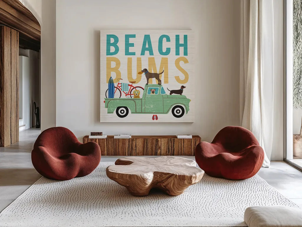 Beach Bums Truck I square by Michael Mullan. Shown as extra-large giant wall art in a modern living room. Available as an archival giclee rolled canvas, fine art paper, or poster print. SKU 23268a.