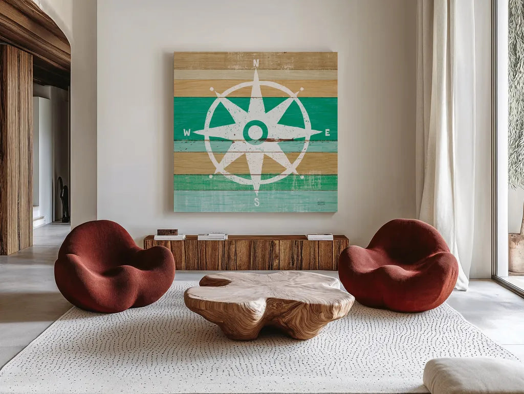 Beachscape IV Compass Green by Michael Mullan. Shown as extra-large giant wall art in a modern living room. Available as an archival giclee rolled canvas, fine art paper, or poster print. SKU 63520a.