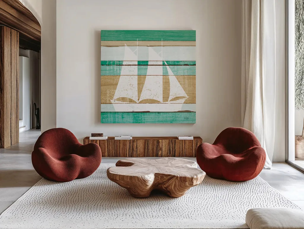 Beachscape V Boat Green by Michael Mullan. Shown as extra-large giant wall art in a modern living room. Available as an archival giclee rolled canvas, fine art paper, or poster print. SKU 63521a.