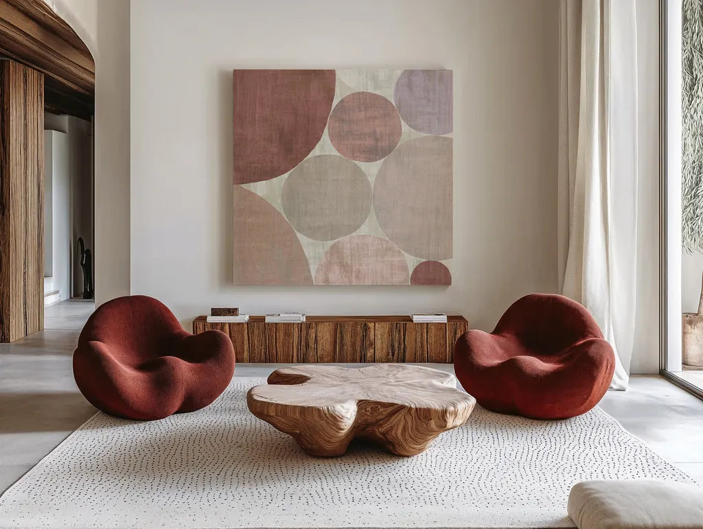 Circulation II v2 Blush by Michael Mullan. Shown as extra-large giant wall art in a modern living room. Available as an archival giclee rolled canvas, fine art paper, or poster print. SKU 42726a.