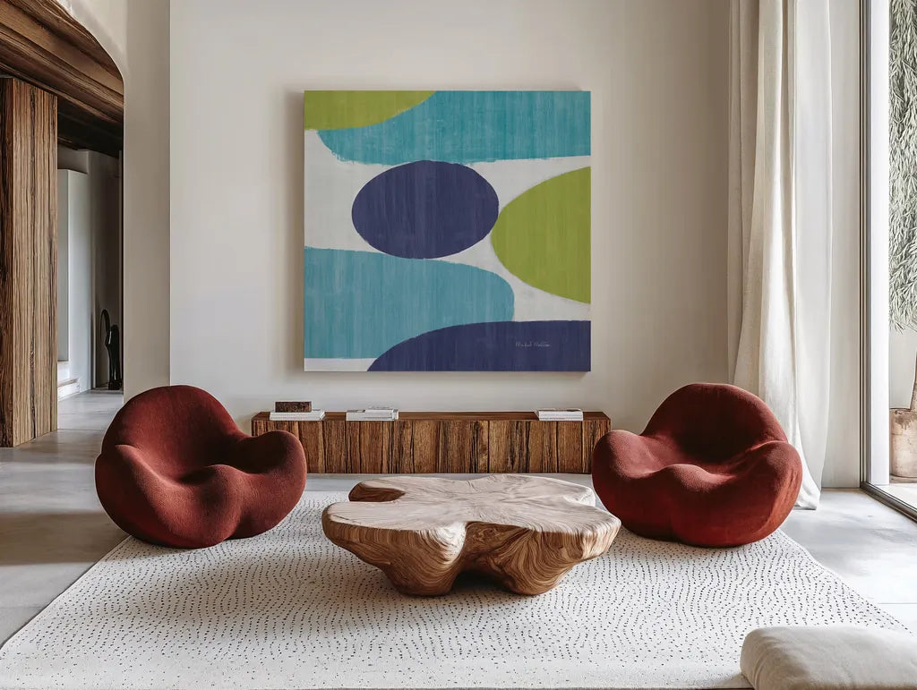 Costa Del Sol II Blue Green by Michael Mullan. Shown as extra-large giant wall art in a modern living room. Available as an archival giclee rolled canvas, fine art paper, or poster print. SKU 72267a.