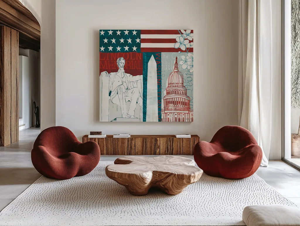 DC Monuments II by Michael Mullan. Shown as extra-large giant wall art in a modern living room. Available as an archival giclee rolled canvas, fine art paper, or poster print. SKU 50701a.