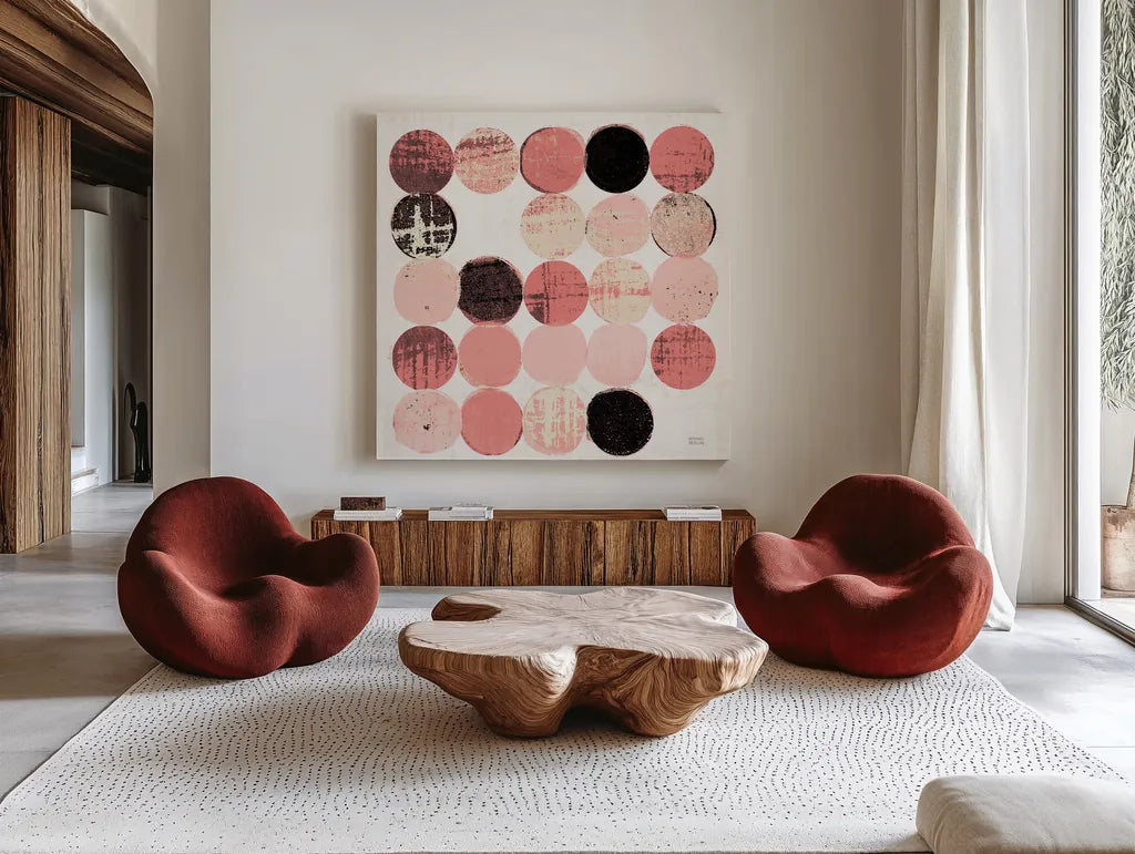 Dots II Square II Pink Black by Michael Mullan. Shown as extra-large giant wall art in a modern living room. Available as an archival giclee rolled canvas, fine art paper, or poster print. SKU 53753a.