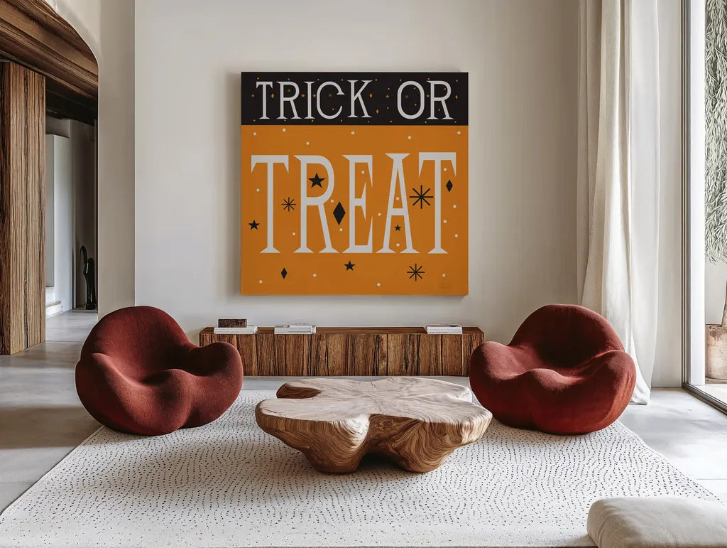 Festive Fright Trick or Treat III by Michael Mullan. Shown as extra-large giant wall art in a modern living room. Available as an archival giclee rolled canvas, fine art paper, or poster print. SKU 67878a.