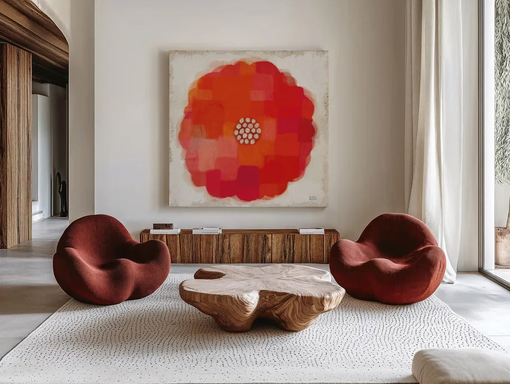 Flower Power by Michael Mullan. Shown as extra-large giant wall art in a modern living room. Available as an archival giclee rolled canvas, fine art paper, or poster print. SKU 14920a.