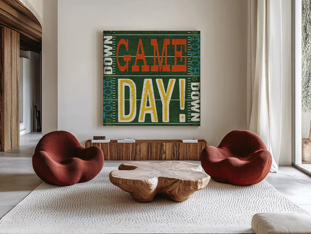 Football II by Michael Mullan. Shown as extra-large giant wall art in a modern living room. Available as an archival giclee rolled canvas, fine art paper, or poster print. SKU 61614a.