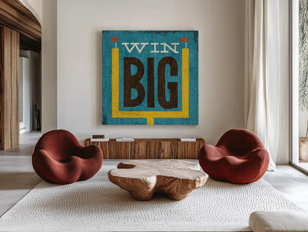 Football VI by Michael Mullan. Shown as extra-large giant wall art in a modern living room. Available as an archival giclee rolled canvas, fine art paper, or poster print. SKU 17538a.