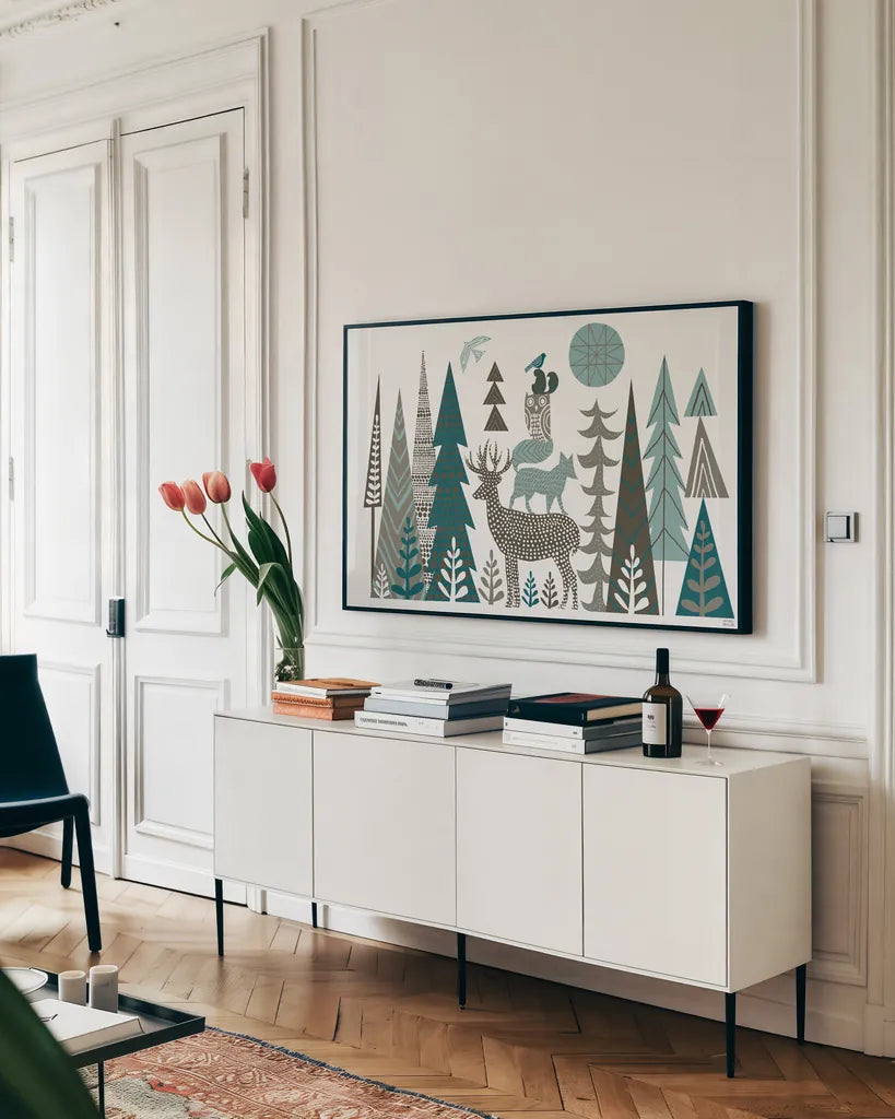 Forest Folklore by Michael Mullan. shown as a framed stretched canvas in a living room above a console. Available as a archival giclee rolled canvas, fine art paper, or poster print. SKU 31002i.