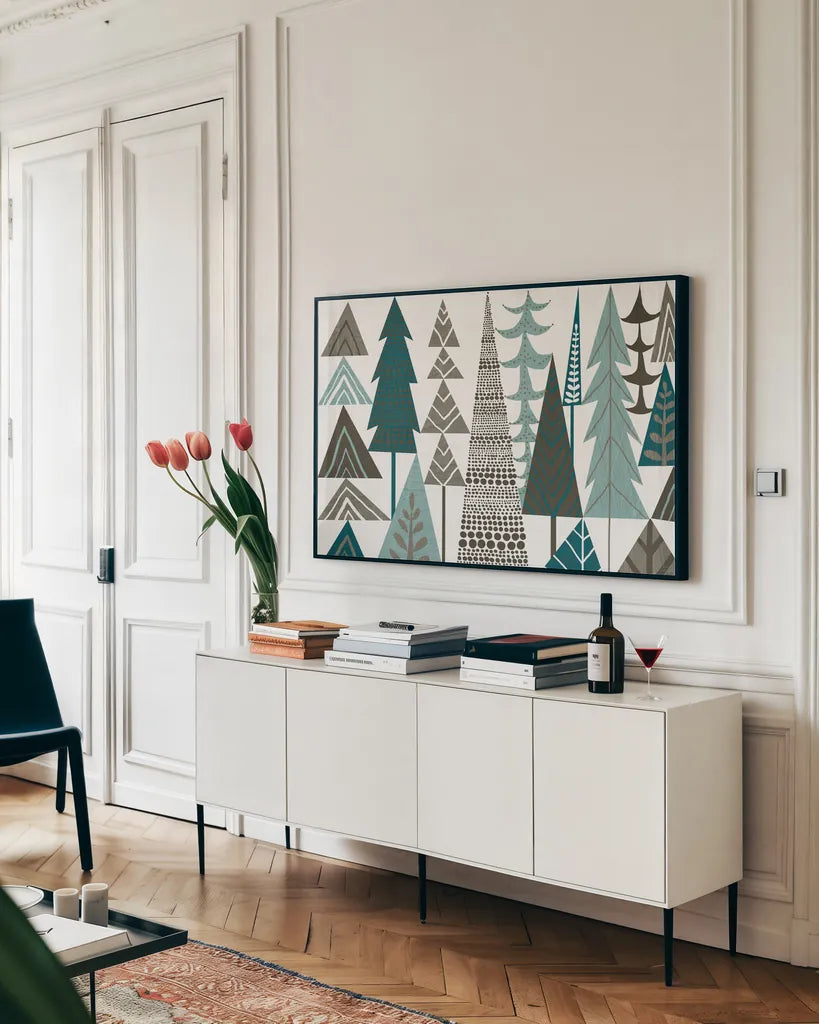 Forest Folklore Trees by Michael Mullan. shown as a framed stretched canvas in a living room above a console. Available as a archival giclee rolled canvas, fine art paper, or poster print. SKU 31003i.