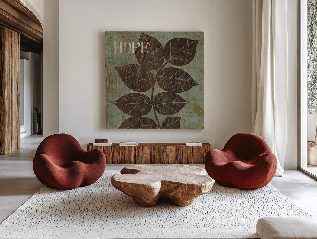 Leaf Inspiration III by Michael Mullan. Shown as extra-large giant wall art in a modern living room. Available as an archival giclee rolled canvas, fine art paper, or poster print. SKU 16728a.