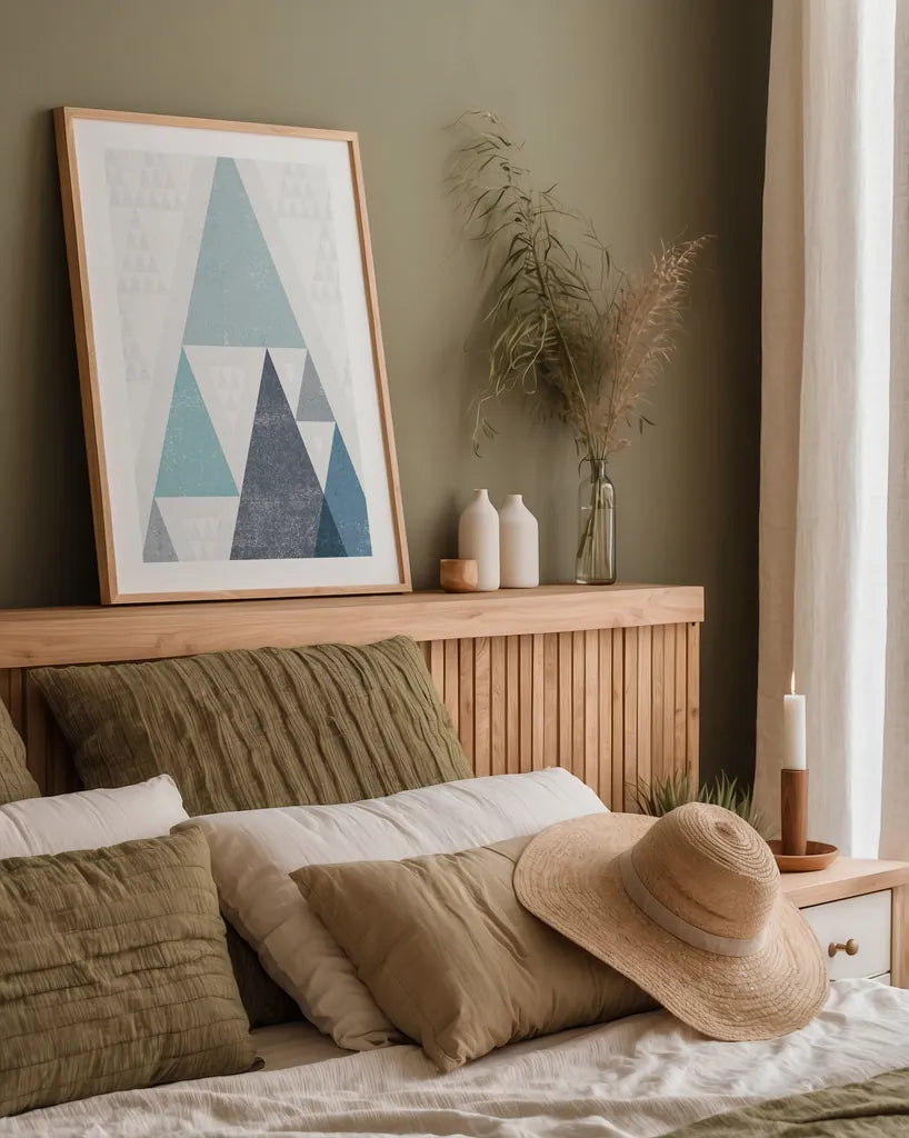 Mod Triangles III Blue by Michael Mullan. shown as a paper print in a natural frame. Available as a archival giclee rolled canvas, fine art paper, or poster print. SKU 22295h.