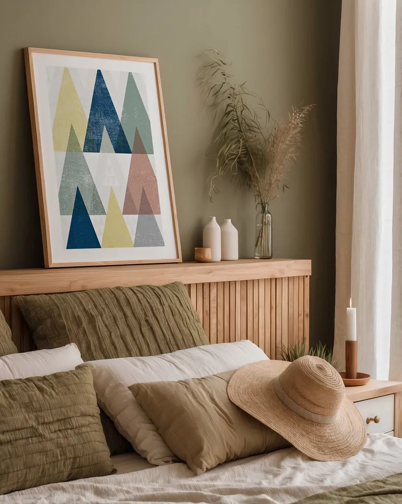 Mod Triangles IV Soft by Michael Mullan. shown as a paper print in a natural frame. Available as a archival giclee rolled canvas, fine art paper, or poster print. SKU 33795h.