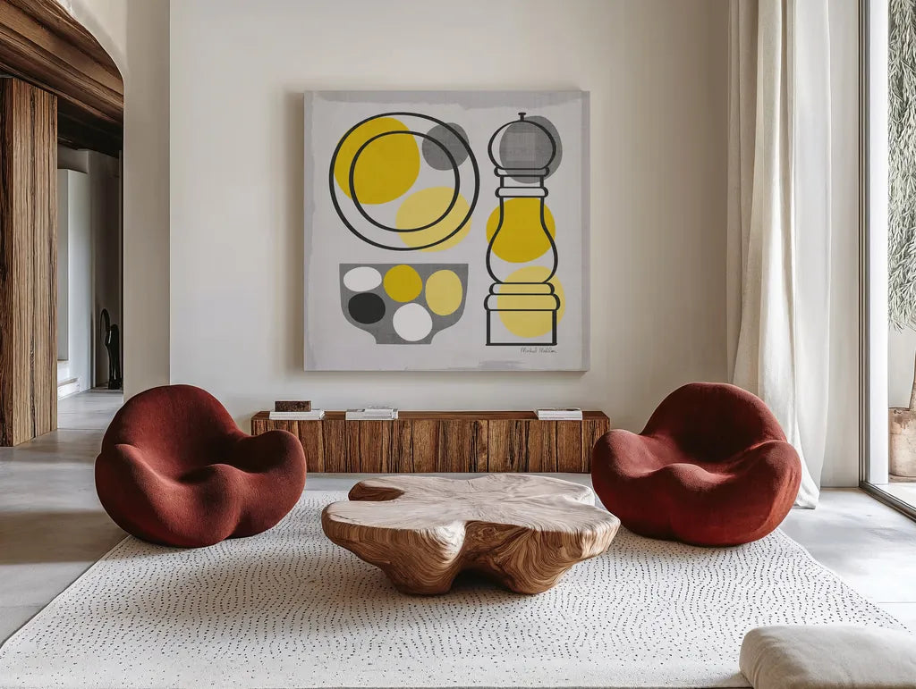 Modern Kitchen Square II Yellow by Michael Mullan. Shown as extra-large giant wall art in a modern living room. Available as an archival giclee rolled canvas, fine art paper, or poster print. SKU 74903a.