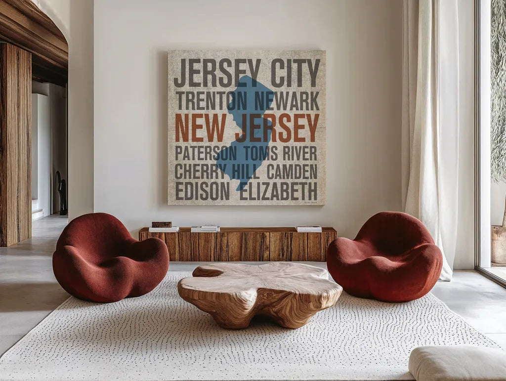 New Jersey by Michael Mullan. Shown as extra-large giant wall art in a modern living room. Available as an archival giclee rolled canvas, fine art paper, or poster print. SKU 18069a.